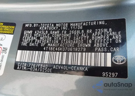 2007 Toyota Camry Le z USA, uszkodzony, nr VIN 4T1BE46K07U618279